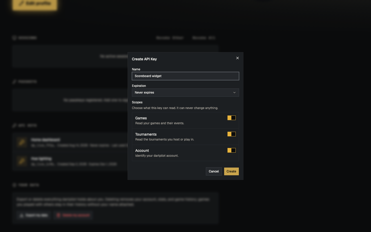 The Create API Key dialog with a name, expiry, and the Games, Tournaments and Account scopes
