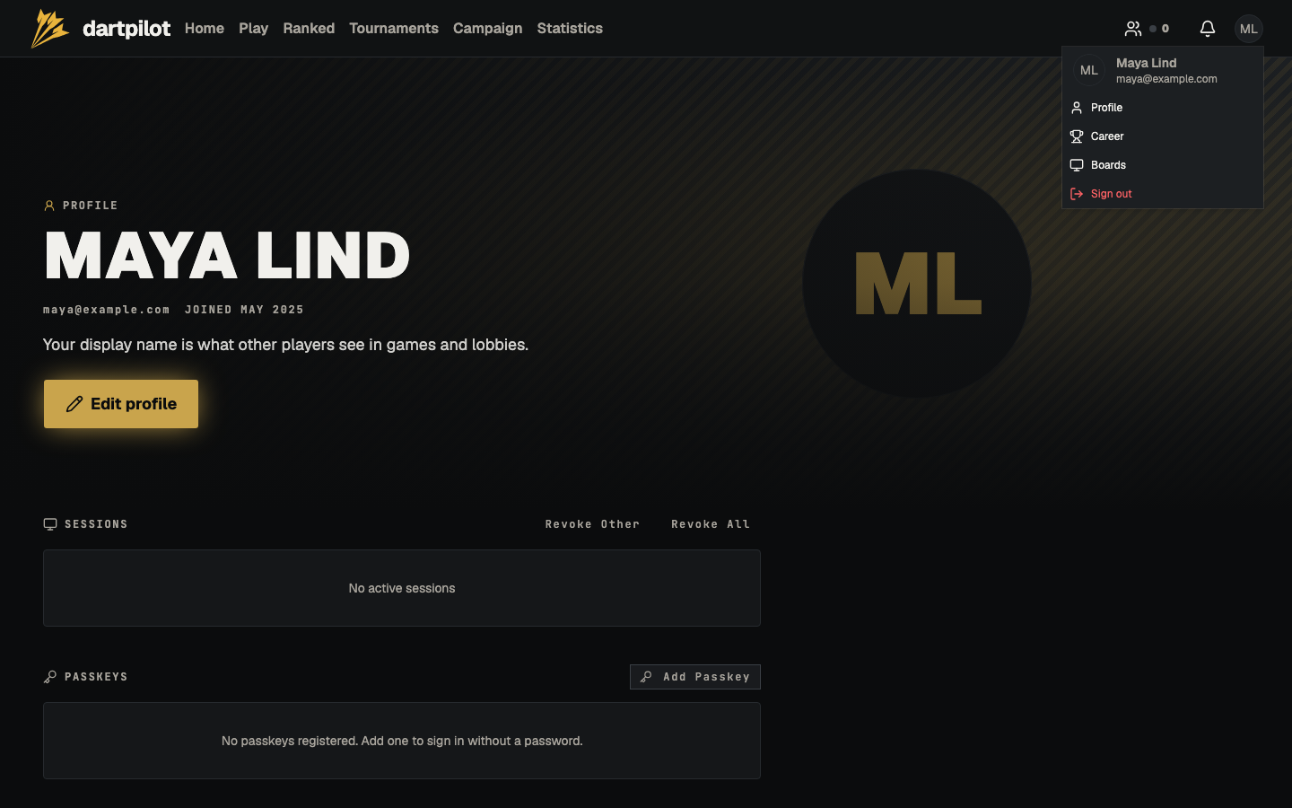 The account menu, with Profile selected