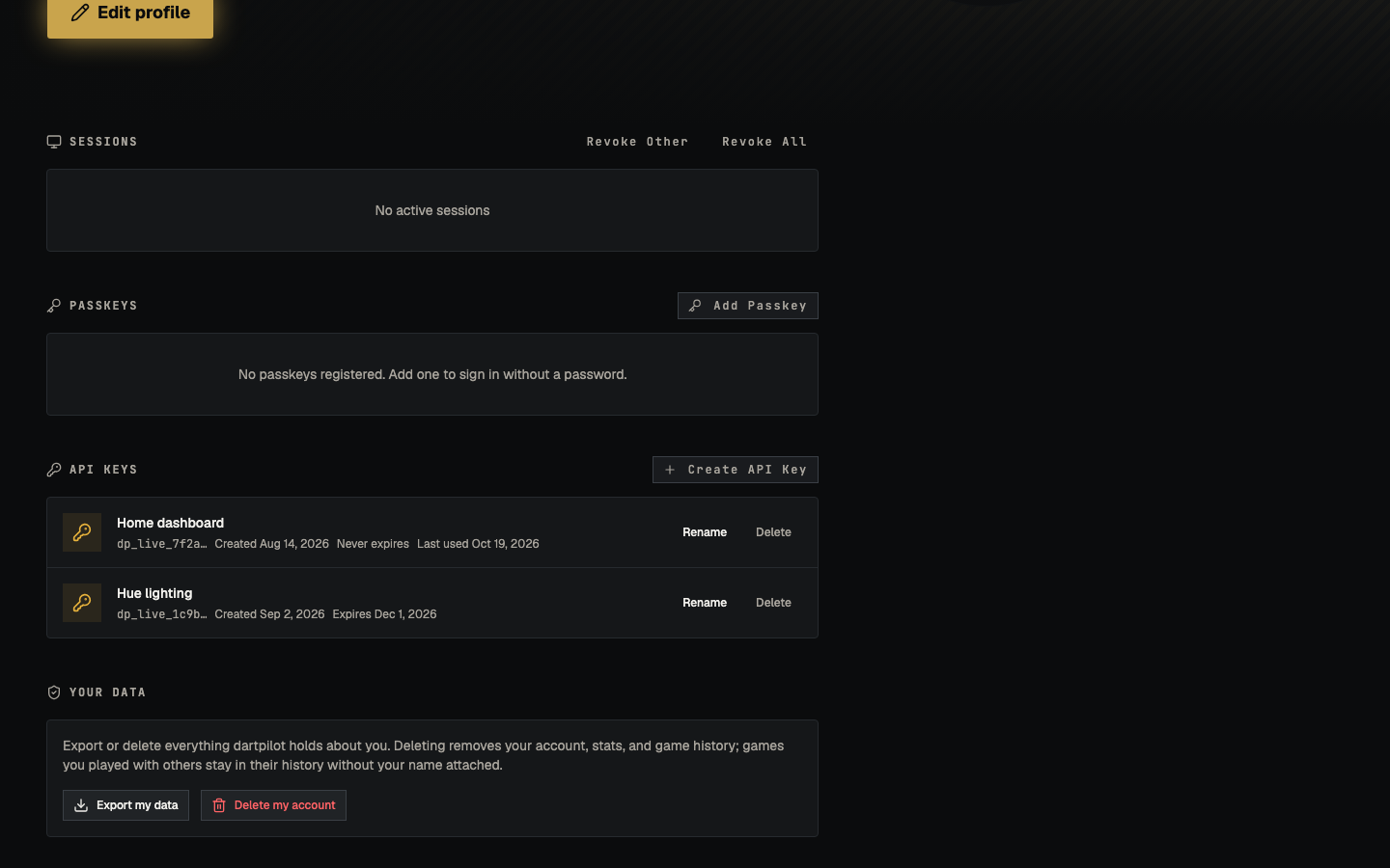 The API Keys section of the profile page, with existing keys and a Create API Key button
