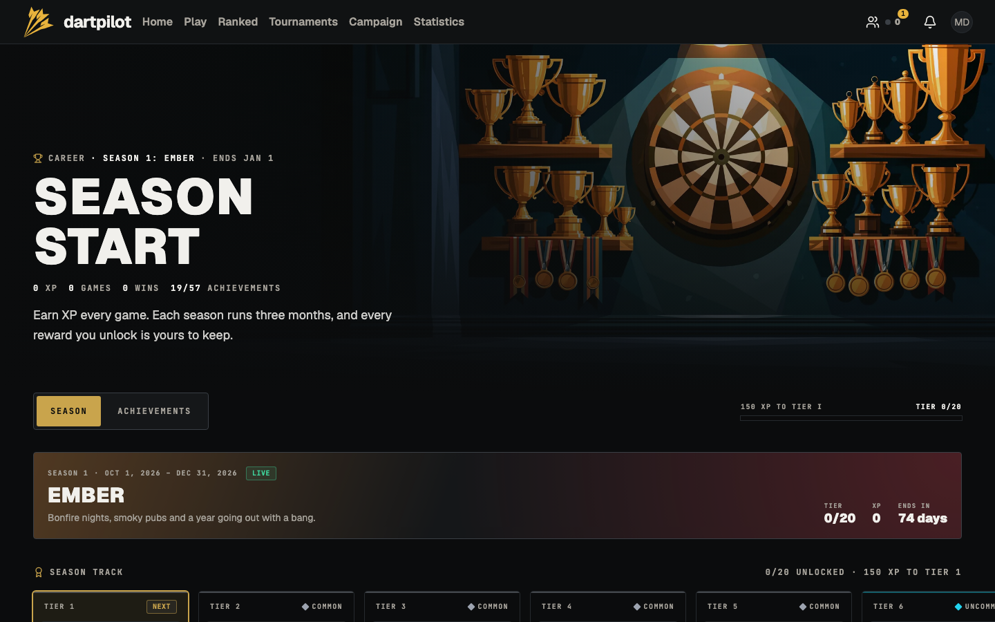 The Career page: the current season, your XP, and the season track