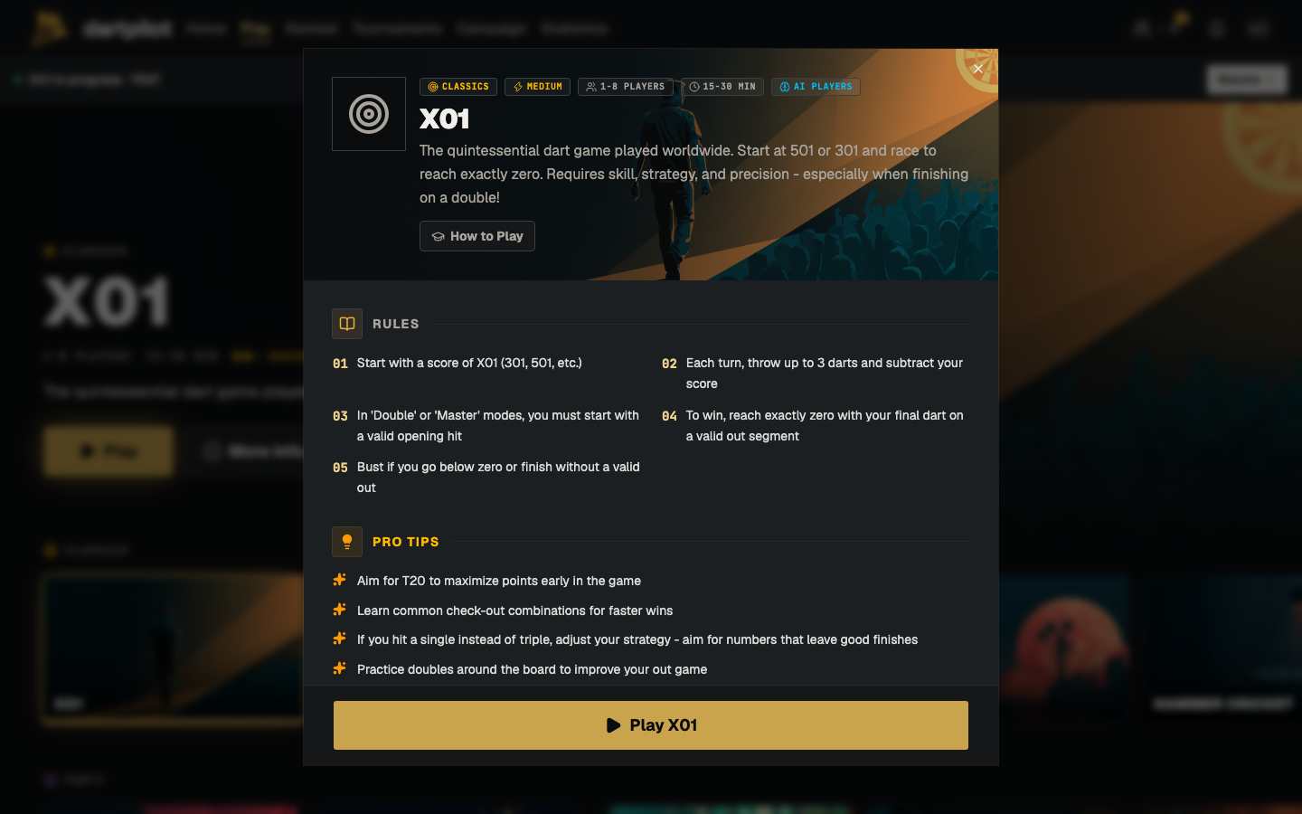 The details for X01: rules, pro tips, and a Play button