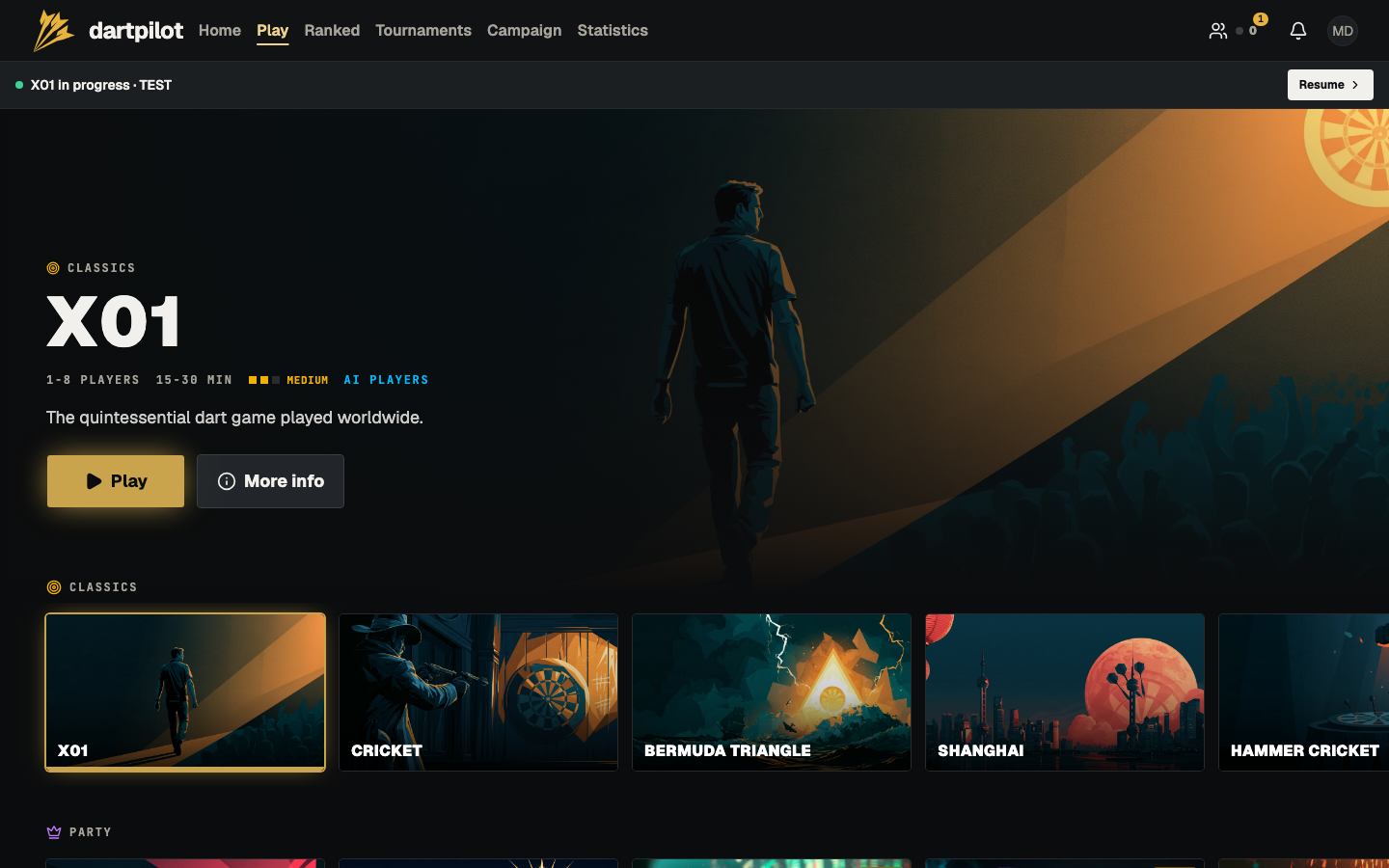The Play library, with X01 featured and the Classics row below