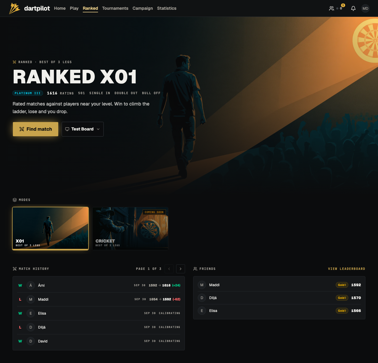 The Ranked page: your division and rating, the modes, match history, and friends