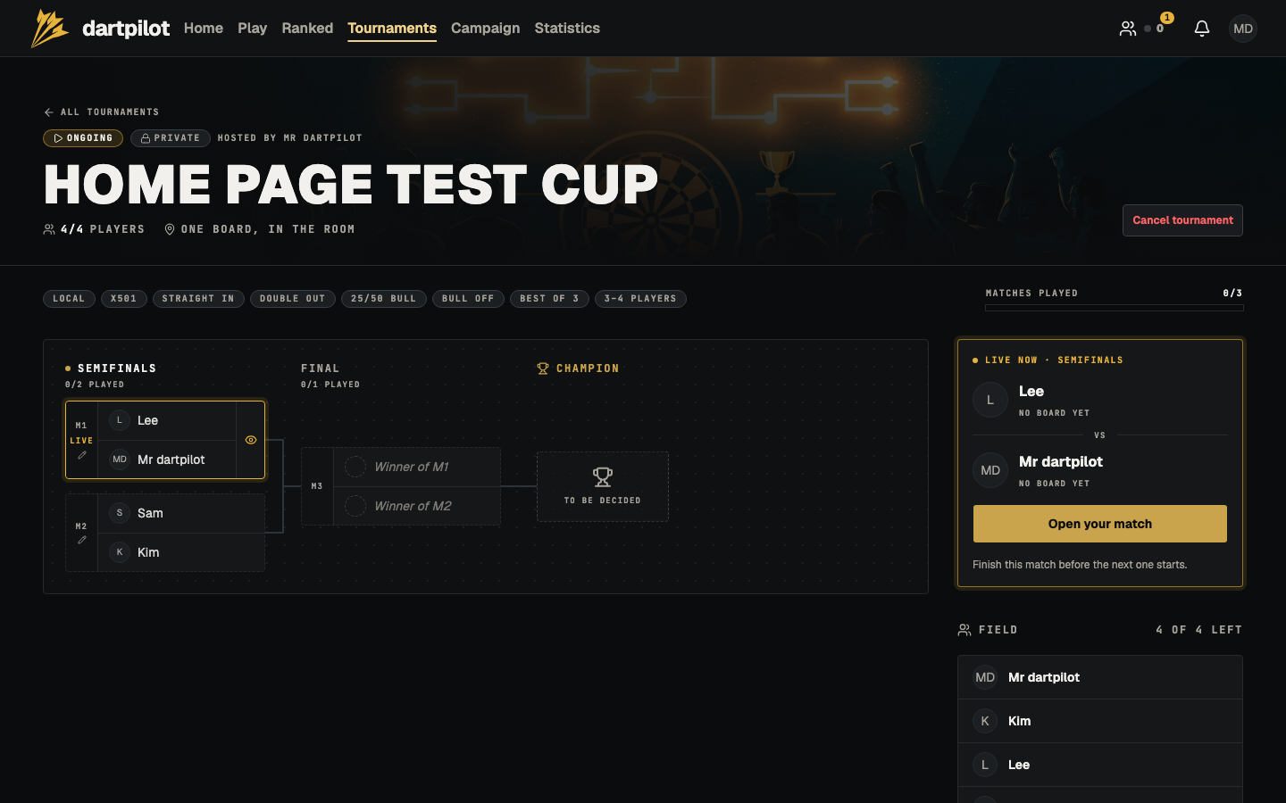 A four-player tournament in the semifinals: the bracket, the live match, and the field