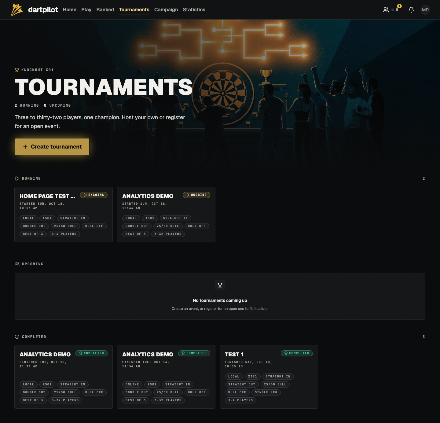 The Tournaments page, with running and completed events